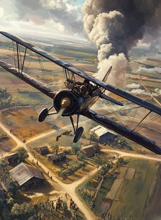 Mid-flight over Williamson County, small 1920s biplane banking over a farmhouse