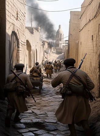 Street battle in Basra during WWI, Indian forces engage Ottoman troops in fierce combat.