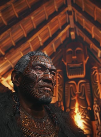 f Māori leader Te Whiti o Rongomai standing tall inside the wooden whare