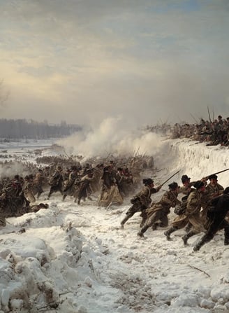 amid howling winds and swirling snow, King Charles XII in a fur-lined hat charges forward