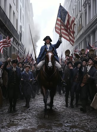 George Washington enters Manhattan with cheering crowds in 1783.