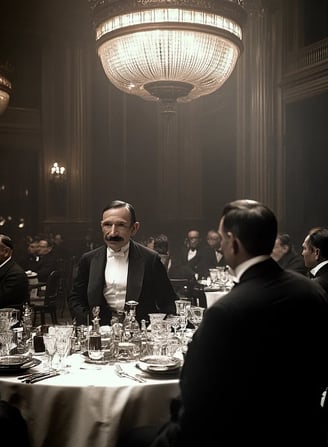 a grand banquet in 1916, where Rockefeller is being toasted by businessmen in tuxedos and evening dr
