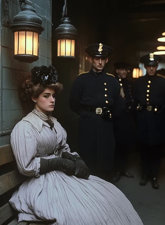 New York City police station in 1904. The arrested woman sits defiantly on a wooden bench