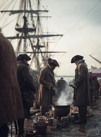 Dawn breaks over New York Harbor in 1775 as a courier holds a letter above a small brazier’s heat