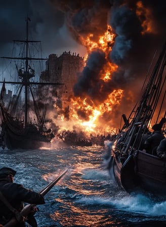 Naval battle at San Juan with English ships under fire, highlighting Spanish defense in 1595