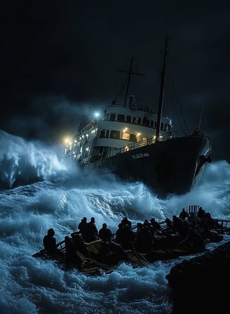 Nighttime scene as the Hilda lists heavily after striking submerged rocks