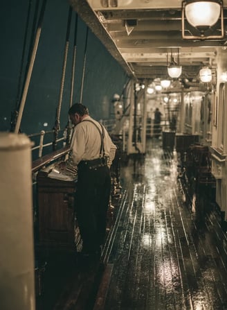 telegraph operator in a starched white shirt and suspenders taps the familiar three-dots-three
