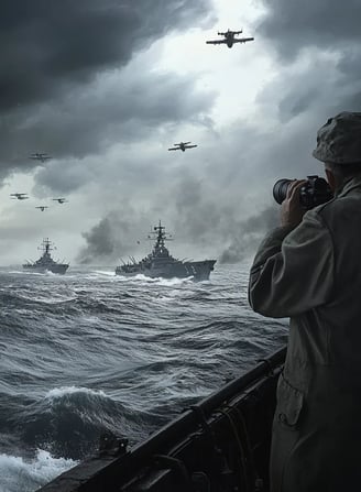 formation of Japanese carriers and destroyers glides through glassy gray waters