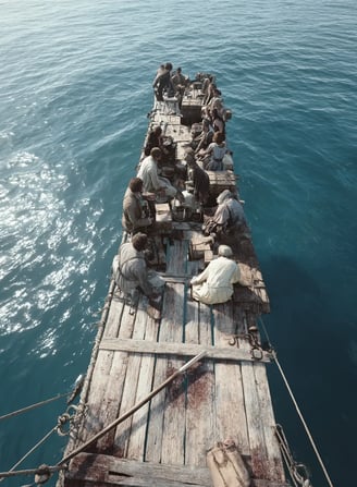 raft built from timber planks and dusty barrels drifts on an endless turquoise sea