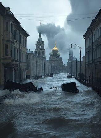Late afternoon, November 1824, dark storm clouds swirling ominously above St. Petersburg