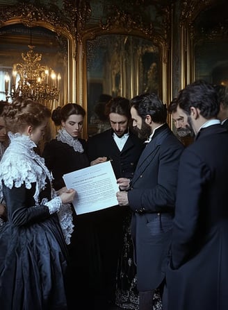 Paris salon lit by gas lamps, 1896 France, Nobel’s confidants in morning coats and lace-edged dresse