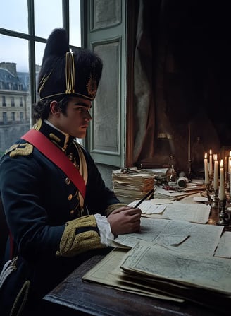Napoleon, seated at a wooden desk cluttered with maps, quills, and military texts