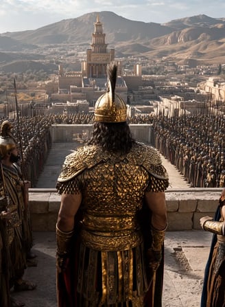 Darius, standing tall and regal in his golden Persian armor, addresses the Persian nobility from a s