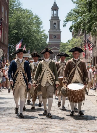 First Fourth of July Party, Drummers in buff coats march ahead