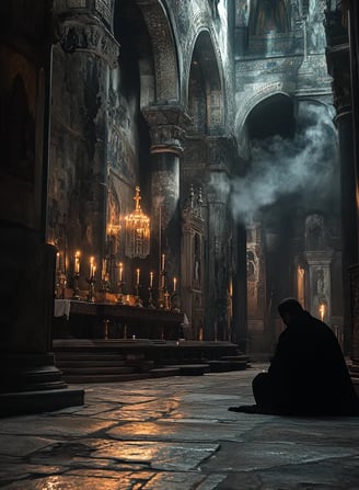 lit Church of the Holy Sepulchre, Willibald kneels alone before a flickering altar