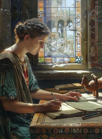 Galla Placidia seated at a wooden desk, writing an edict with a quill