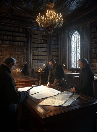 Quiet interior of the palace library, aged diplomats drafting Tsar Alexander’s proposal