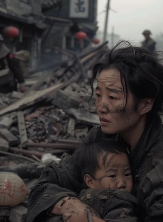 Ruined District, Shanghai, 1937 – Close-up of a young Chinese mother clutching her child