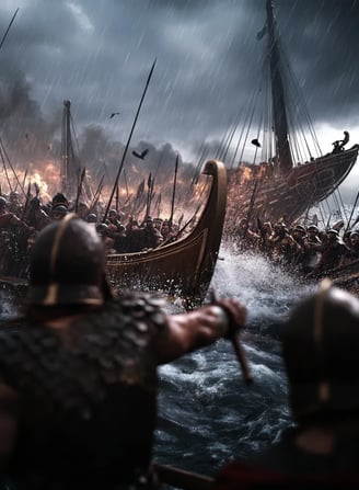 Greek triremes crash into Persian ships, their bronze-tipped rams tearing through the wooden hulls.