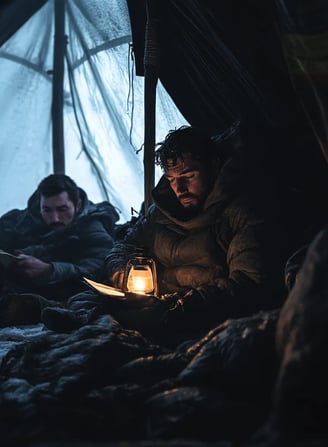 Scott and team huddled in tattered sleeping bags inside a dim, wind-battered tent