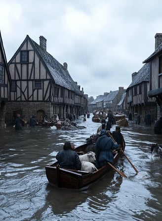 seawater engulfing narrow village streets, timber-framed houses half-submerged