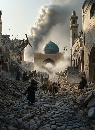 Shamakhi 1667 earthquake destruction as buildings collapse and people flee.