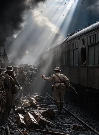 smoke rising from derailed train cars, Boers in wide-brimmed hats surrounding stunned survivors