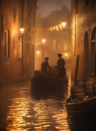 Smuggling by Night: Along a foggy canal, smugglers in tattered 17th-century garb transfer barrels
