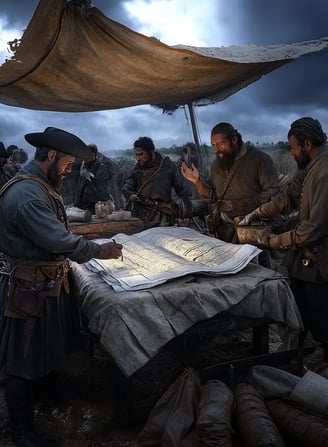 Spanish officials gathered under canvas awning near the edge of the settlement
