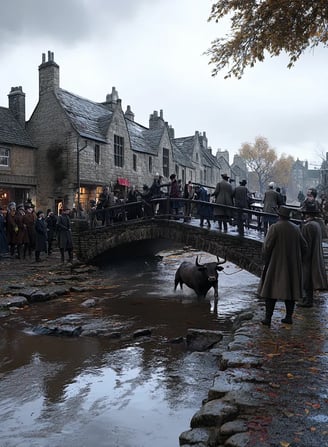 stone bridge outside Stamford, 1839, townspeople gathered in heavy cloaks and top hats