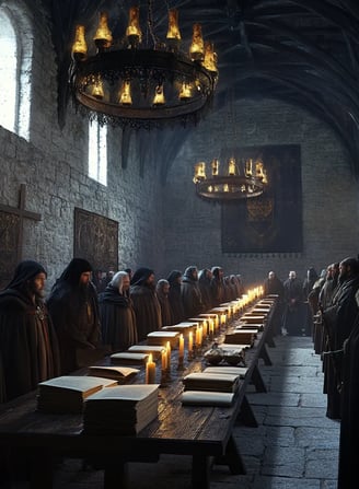 stone interior of a 13th-century hall with flickering torchlight illuminating somber faces