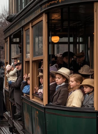 streetcar clattering down rails, passengers packed inside, children peeking wide-eyed from windows