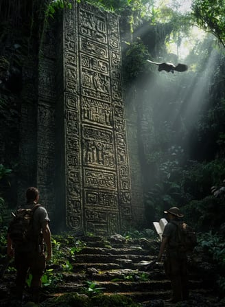 sunlight breaking through jungle canopy, revealing a towering stela carved with intricate glyphs