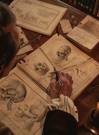 Dr. Carpue examining anatomical sketches spread across a mahogany desk