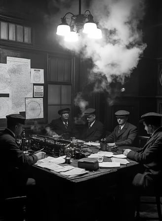 Telegraph room at noon, railroad executives and engineers gathered