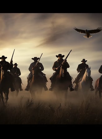 1835 Texas Rangers ride across plains, dust trails, frontier gear.