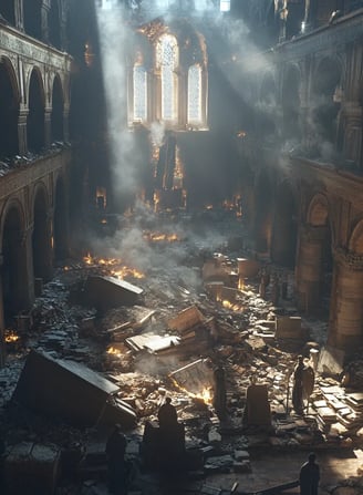 a man standing in a church with a fire in the background