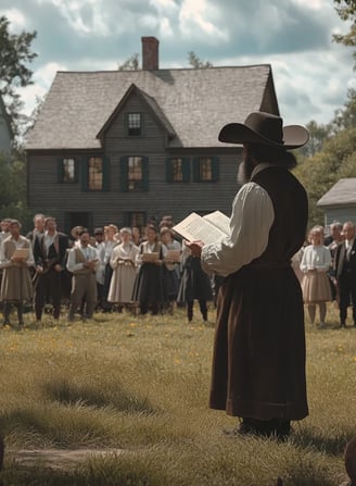 Town Meeting Announcement: In a grassy New England commons surrounded by timber-framed houses