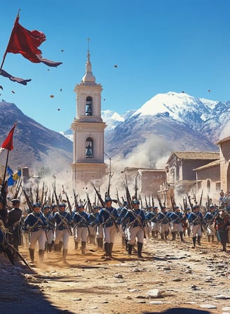 Troops Marching to War: Chilean infantry in blue and white uniforms march through dusty cobblestone 