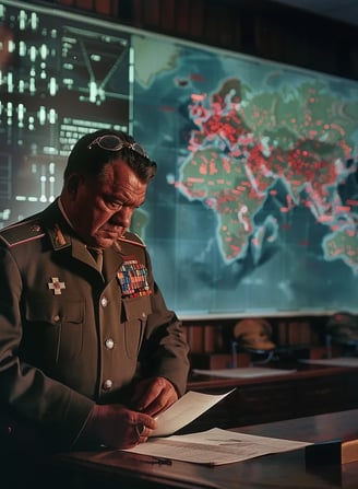 U.S. Military Intelligence Room, 1954 – Close-up of a high-ranking general gripping a classified