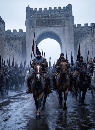 Uyghur cavalry riding through Luoyang’s grand city gates under a gray sky