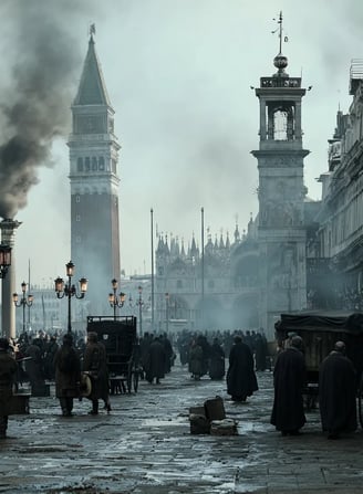 San Marco Square: terrified civilians in coarse woolen cloaks and camice masks flee past crumbling m