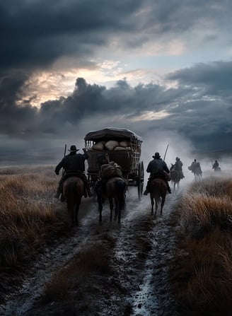 Wagon stopped on rough trail, Choctaw family standing stunned as outlaws brandish weapons