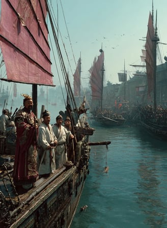 Yangtze River Mouth, China, July 11 1405: Departure Ceremony under a clear summer sky.