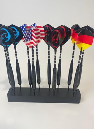 a display of darts and darts in a display case