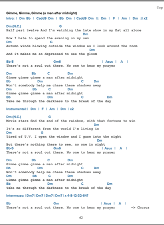 Chords and lyrics to the song Gimme, Gimme, Gimme, (A Man After Midnight), by ABBA.