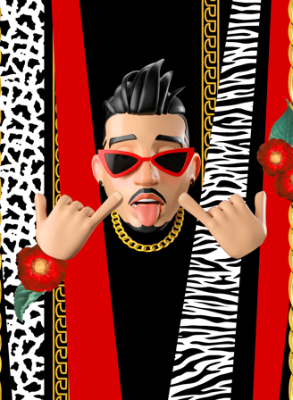 Personaje 3D con gafas rojas y con la lengua afuera con fondo de flores y cadenas