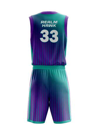Custom basketball jersey mockup #4 back – Purple/Teal sublimation on polyester fabric | Realm Hawk