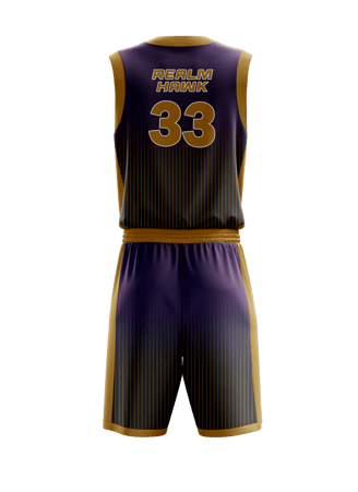 Custom basketball jersey mockup #2 back – Purple/Gold sublimation on polyester fabric | Realm Hawk