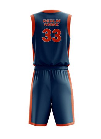 Custom basketball jersey mockup #5 back – Navy/Orange sublimation on polyester fabric | Realm Hawk